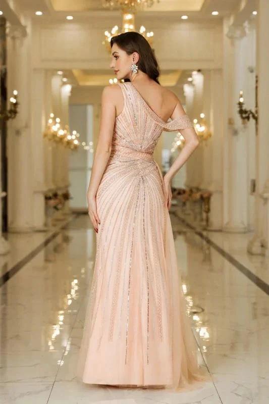 Asymmetrical Tulle Beadings Prom Dress with Side Slit Sleeveless Floor Length Special Occasion Dress by misshow.com