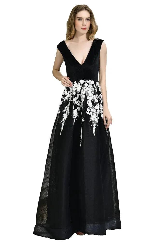 Attractive Black V-neck Aline Prom Dress White Floral Appliques Tulle Party Dress by misshow.com