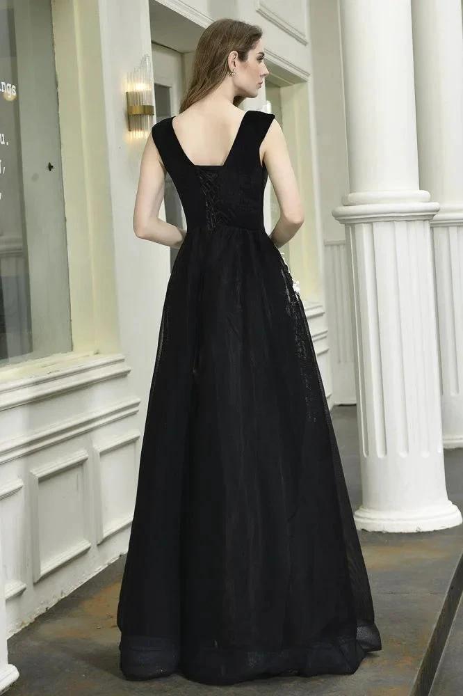 Attractive Black V-neck Aline Prom Dress White Floral Appliques Tulle Party Dress by misshow.com