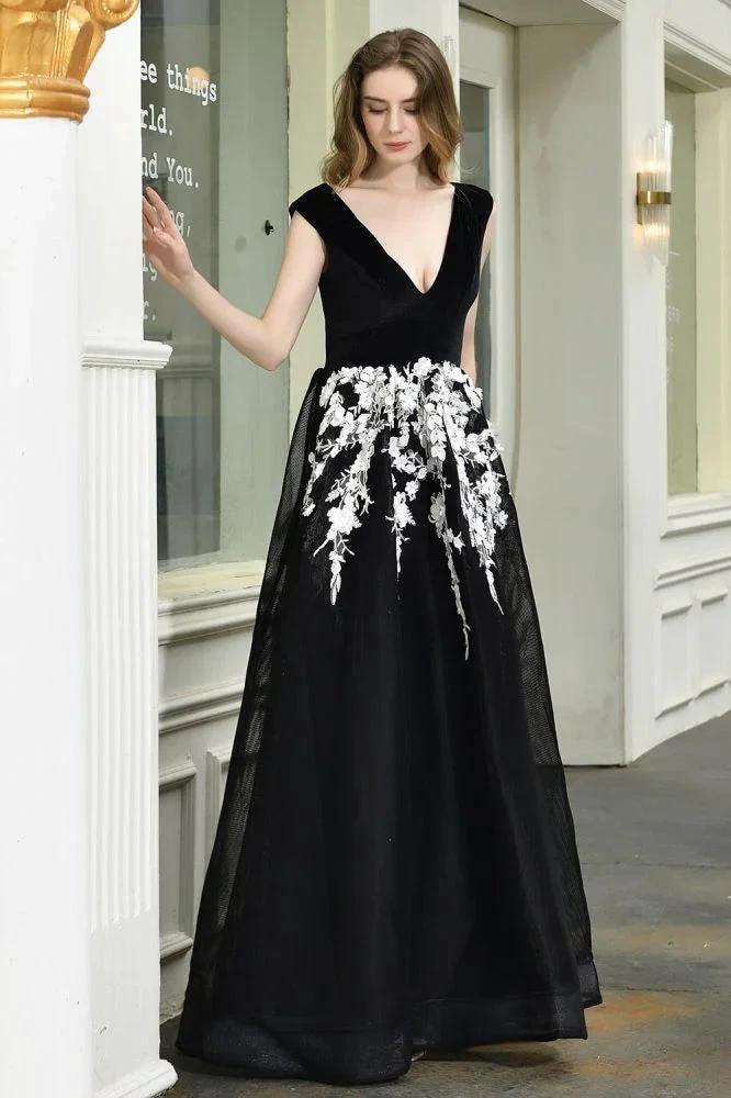 Attractive Black V-neck Aline Prom Dress White Floral Appliques Tulle Party Dress by misshow.com