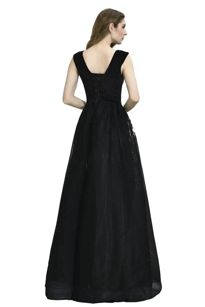 Attractive Black V-neck Aline Prom Dress White Floral Appliques Tulle Party Dress by misshow.com