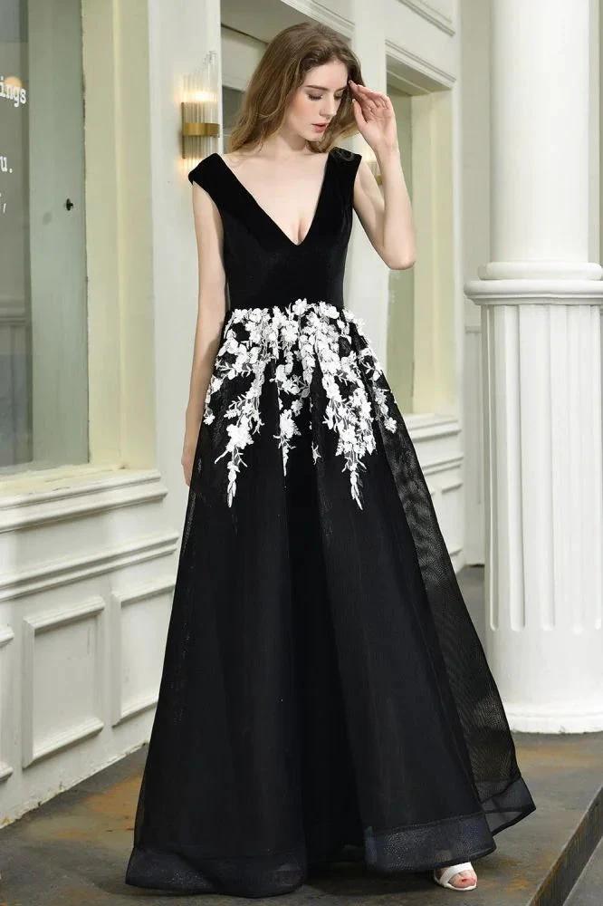 Attractive Black V-neck Aline Prom Dress White Floral Appliques Tulle Party Dress by misshow.com