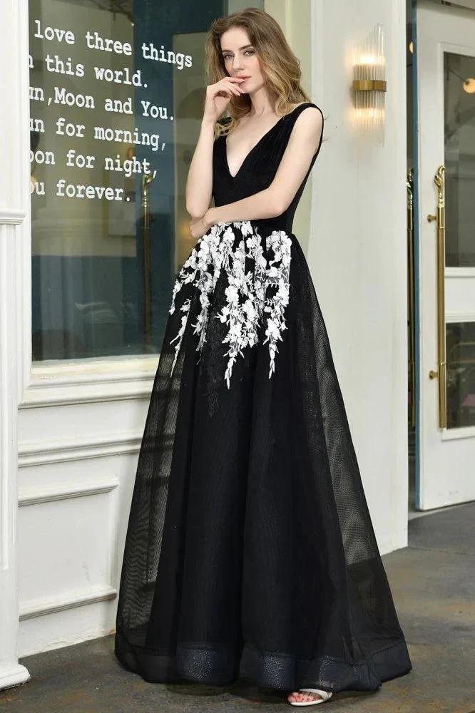 Attractive Black V-neck Aline Prom Dress White Floral Appliques Tulle Party Dress by misshow.com