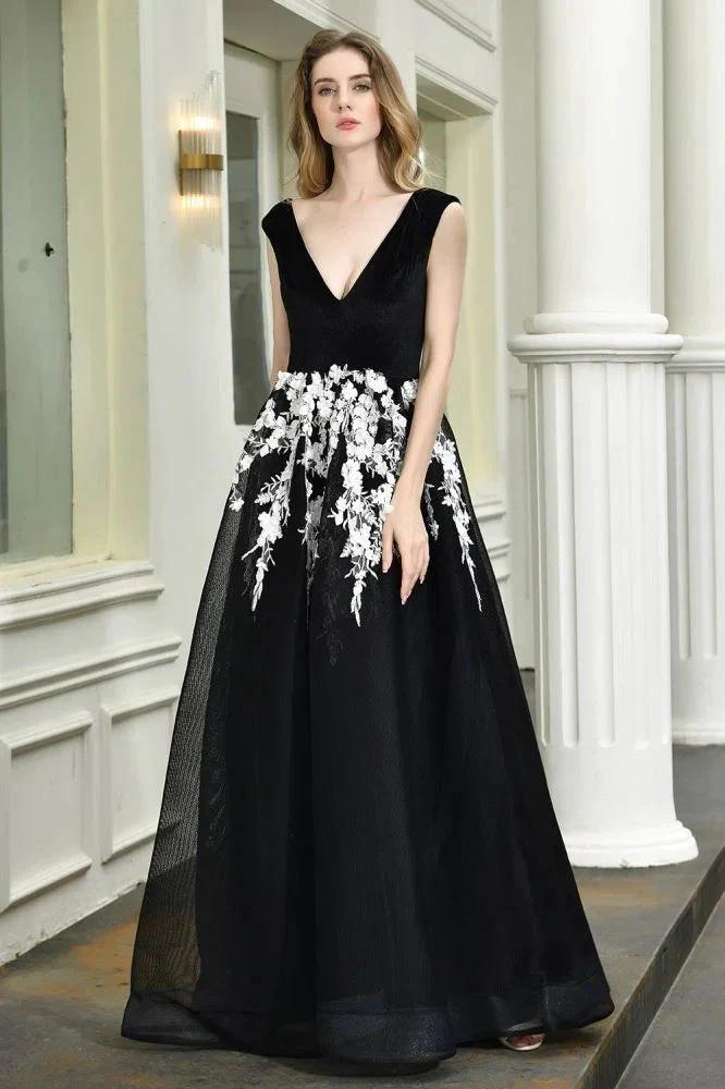 Attractive Black V-neck Aline Prom Dress White Floral Appliques Tulle Party Dress by misshow.com