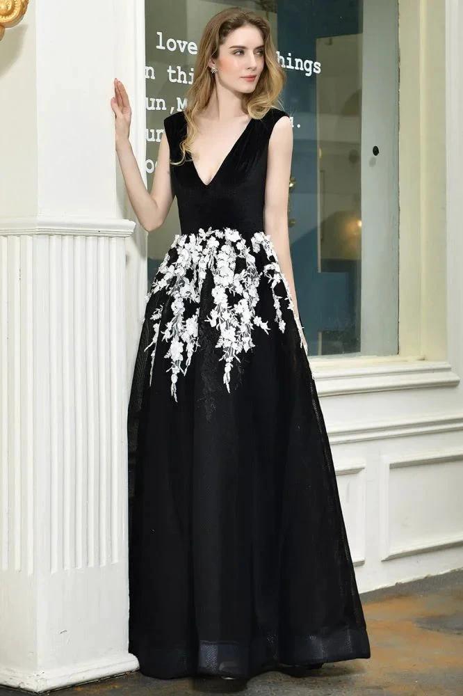 Attractive Black V-neck Aline Prom Dress White Floral Appliques Tulle Party Dress by misshow.com