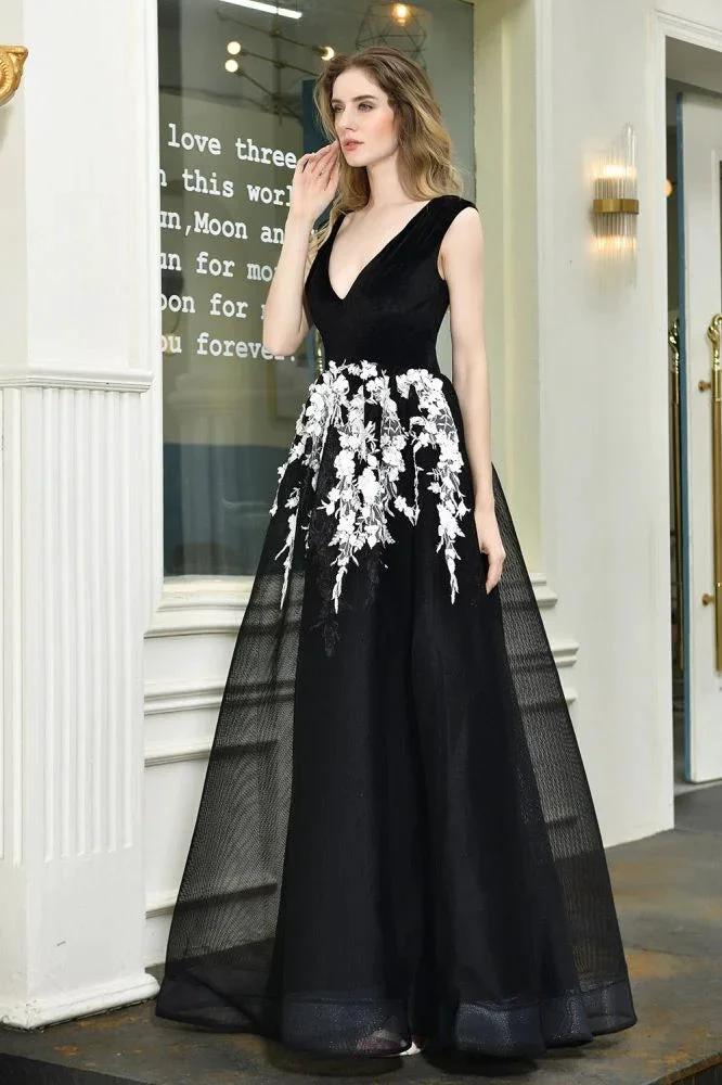 Attractive Black V-neck Aline Prom Dress White Floral Appliques Tulle Party Dress by misshow.com