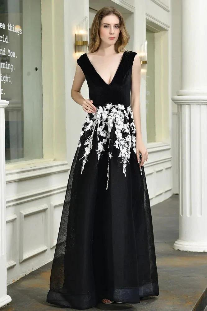 Attractive Black V-neck Aline Prom Dress White Floral Appliques Tulle Party Dress by misshow.com