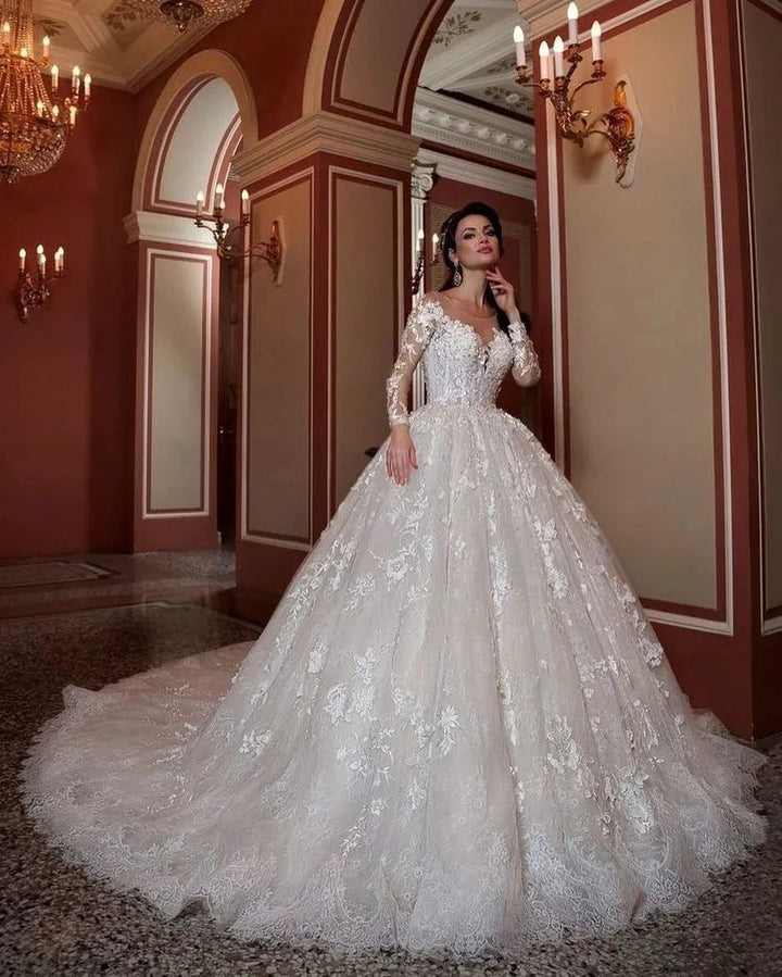Attractive Long A-Line Bateau Beading Appliques Lace Train Wedding Dress with Sleeves by BIZTUNNEL