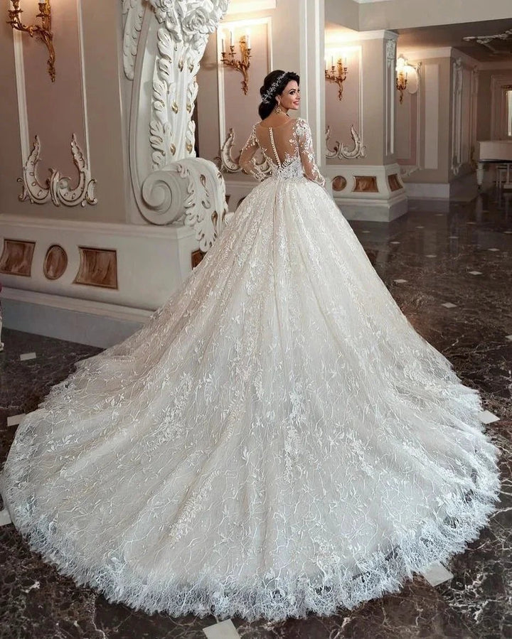 Attractive Long A-Line Bateau Beading Appliques Lace Train Wedding Dress with Sleeves by BIZTUNNEL