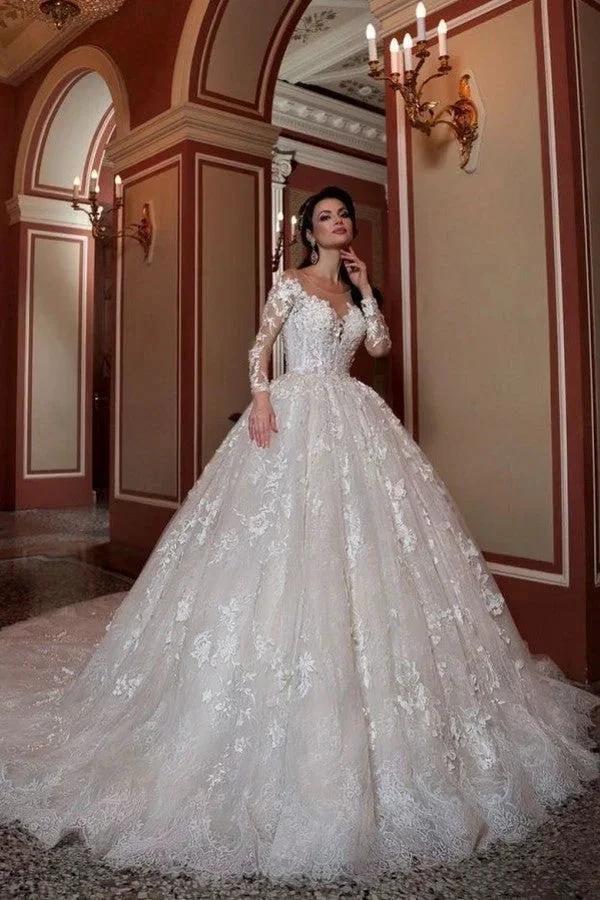 Attractive Long A-Line Bateau Beading Appliques Lace Train Wedding Dress with Sleeves by BIZTUNNEL