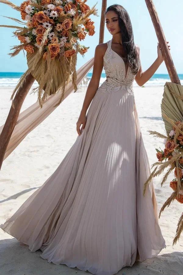 Attractive Long A-line V-neck Lace Beading Sleeveless Beach Wedding Dress by misshow.com