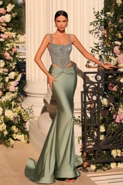 Attractive Long Dusty Sage Mermaid Spaghetti Straps Lace Beading Sleeveless Prom Dress by misshow.com