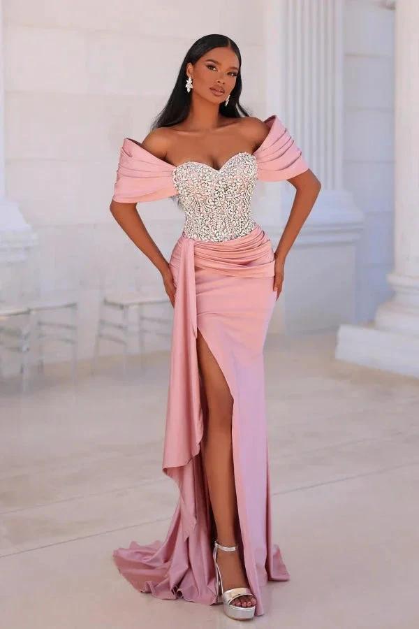 Attractive Long Pink Mermaid Off-the-shoulder Lace Beading Prom Dress with Slit by misshow.com