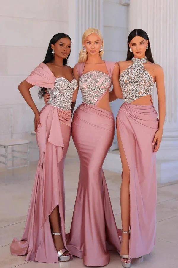 Attractive Long Pink Mermaid Off-the-shoulder Lace Beading Prom Dress with Slit by misshow.com