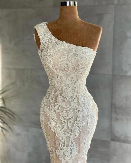 Attractive One Shoulder Appliques Lace Floor-length Mermaid Wedding Dress by misshow.com