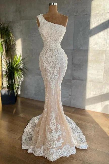 Attractive One Shoulder Appliques Lace Floor-length Mermaid Wedding Dress by misshow.com
