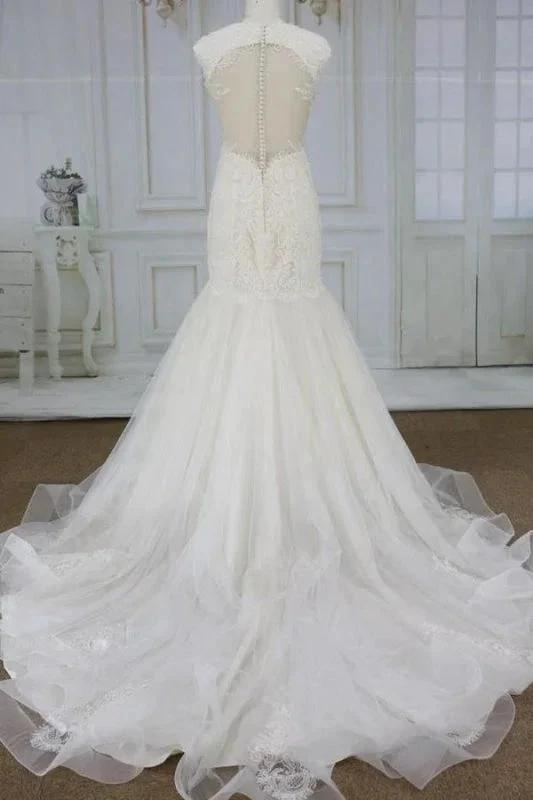 Awesome Appliques Tulle Mermaid Elegant Wedding Dresses by misshow.com