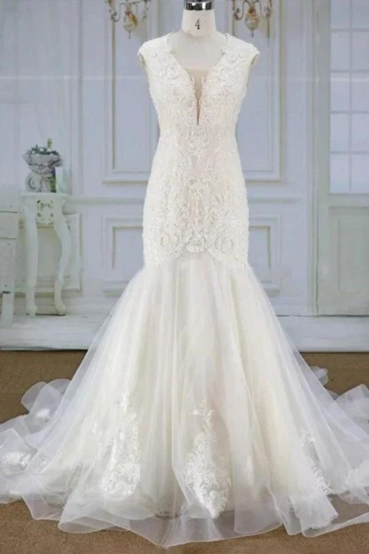 Awesome Appliques Tulle Mermaid Elegant Wedding Dresses by misshow.com