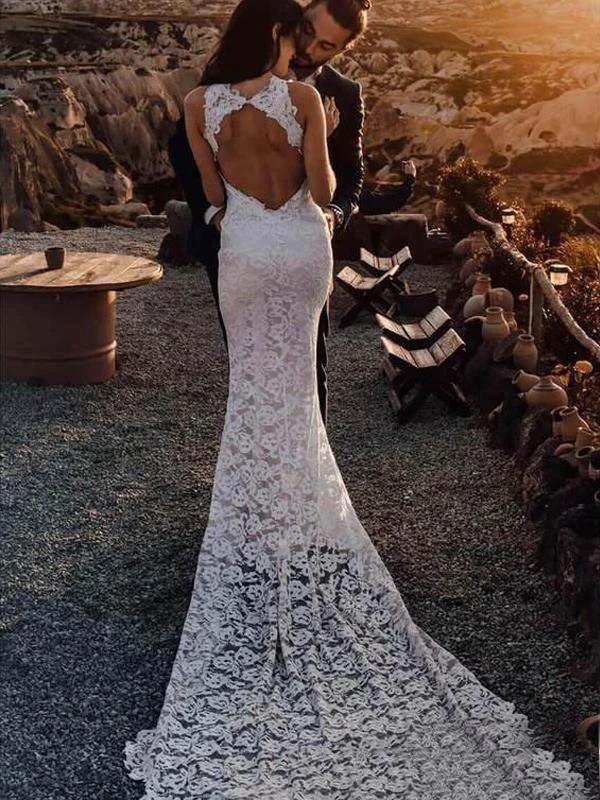 Awesome Lace Open Back Beach Mermaid Elegant Wedding Dresses by misshow.com