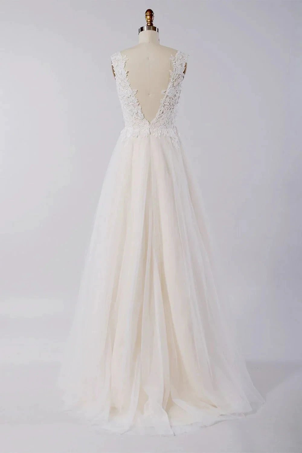 Awesome Long A-line Appliques Lace Tulle Open Back Wedding Dress by BIZTUNNEL
