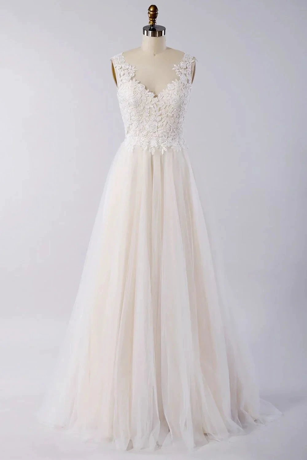 Awesome Long A-line Appliques Lace Tulle Open Back Wedding Dress by BIZTUNNEL