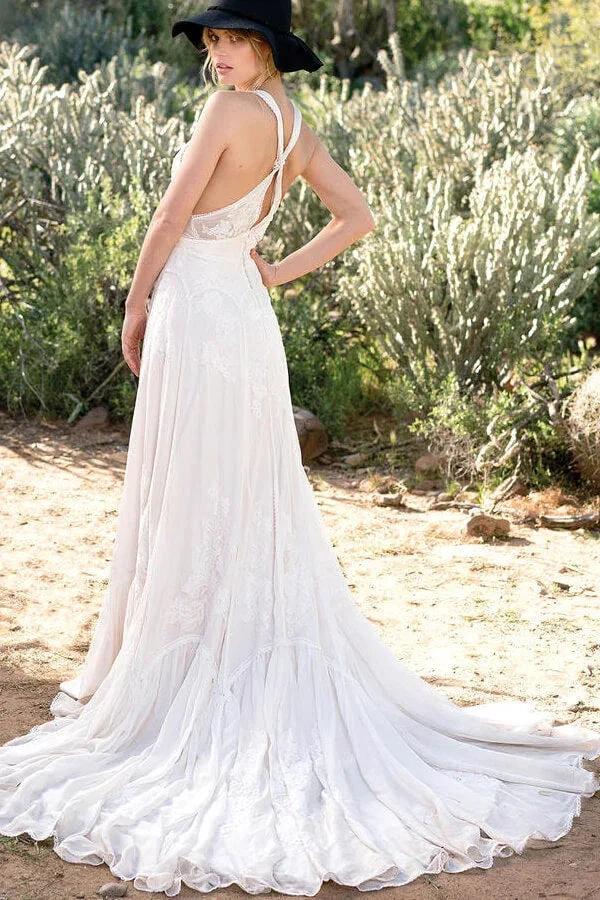 Awesome Long A-line V-neck Lace Chiffon Open Back Wedding Dress by BIZTUNNEL