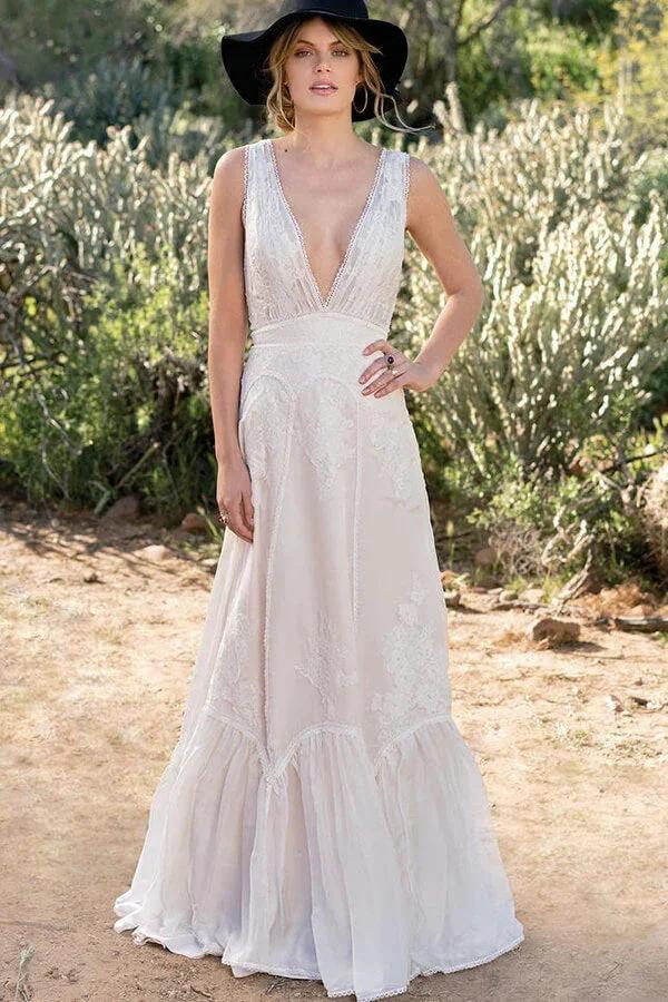 Awesome Long A-line V-neck Lace Chiffon Open Back Wedding Dress by BIZTUNNEL