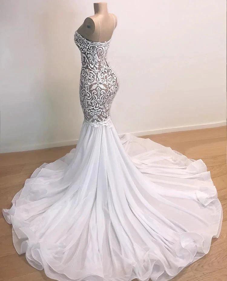 Awesome Long Mermaid Sweetheart Tulle Lace White Prom Dress by BIZTUNNEL