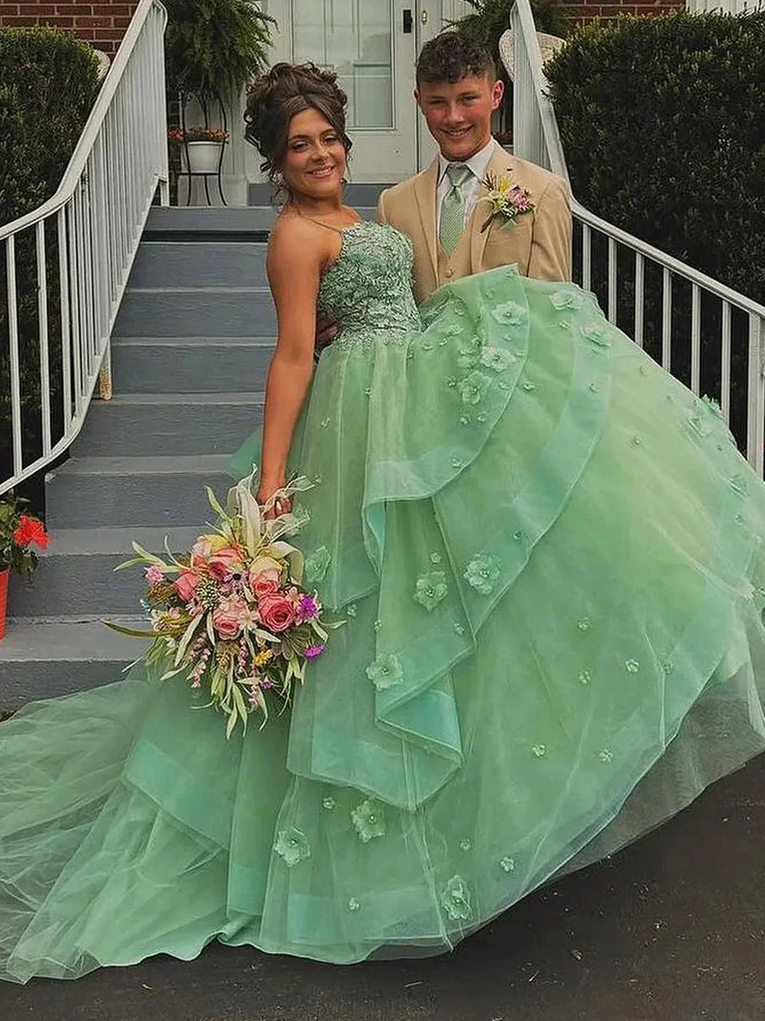 Azurena | Ball Gown Sweetheart Sage Green Tulle Long Prom Dresses with Appliques by KissProm