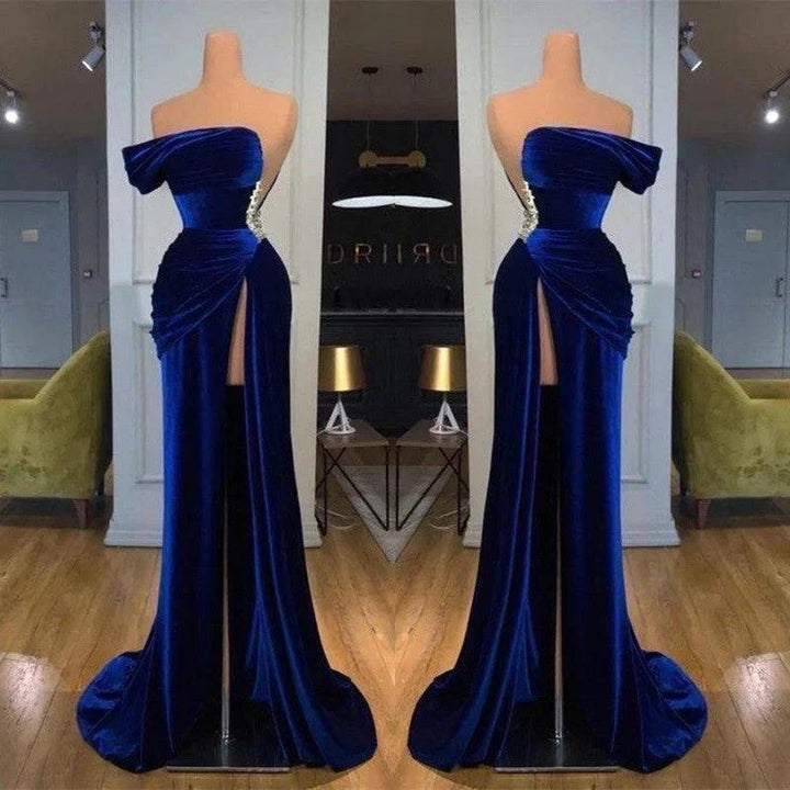 Dark Blue One-Shoulder Mermaid Prom Dress Long Split with Beads by BIZTUNNEL