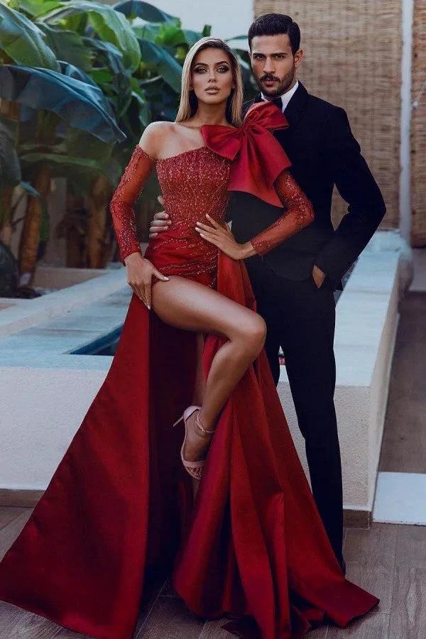 Bow Burgundy Long Sleeve Sequins Mermaid Prom Dress With Split by BIZTUNNEL