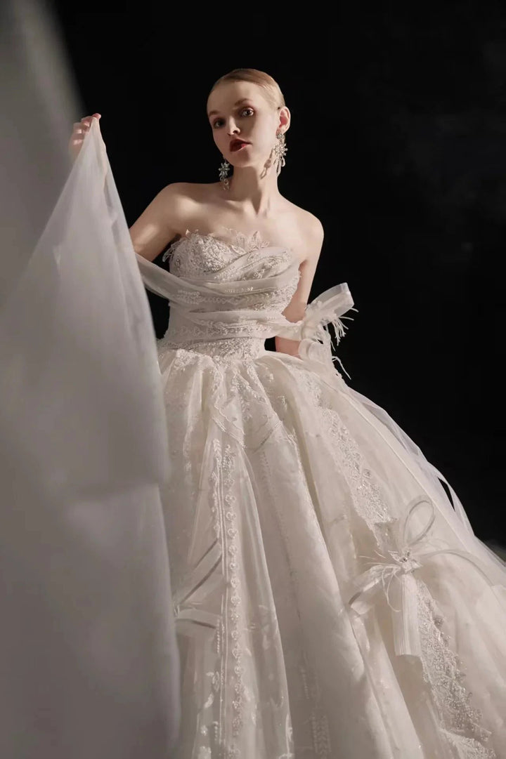 Romantic Strapless Ball Gown Tulle Ribbon Embellished Lace Wedding Dress with Voluminous Skirt H008 by ZAPDRESS