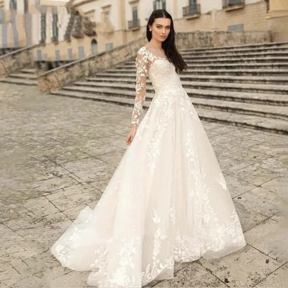 Elegant Round Neck Wedding Dresses 2023 Lace Long Sleeve Decal A-line Fashion Women&