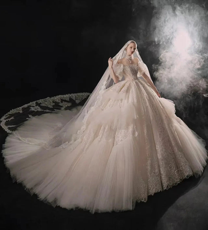 Opulent Off-the-Shoulder Ball Gown Tulle Puff Sleeve Beaded Lace Wedding Dress with Layered Ruffled Train &amp; Choker Q6001 by ZAPDRESS