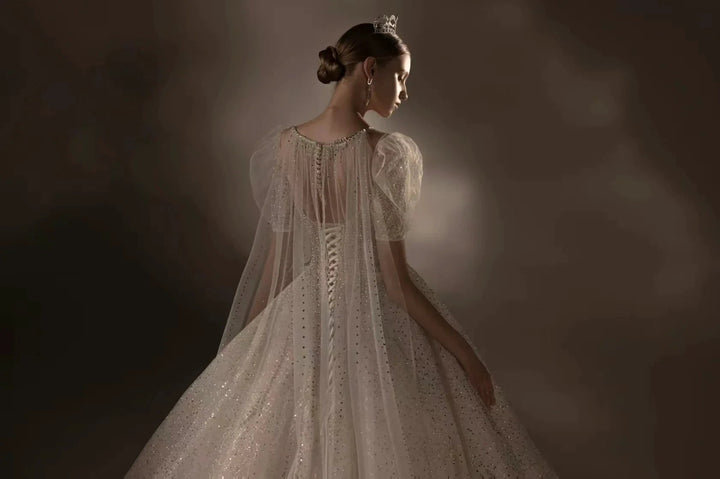 Sparkling Ball Gown Sweetheart Neck Tulle Wedding Dress with Beaded Embroidery &amp; Sheer Puff Sleeves Q6021 by ZAPDRESS