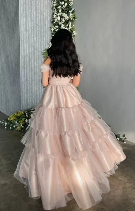 Elegant Tulle Satin Ball Gown Off The Shoulder Layered Prom Dress Y7633 by simplepromdress