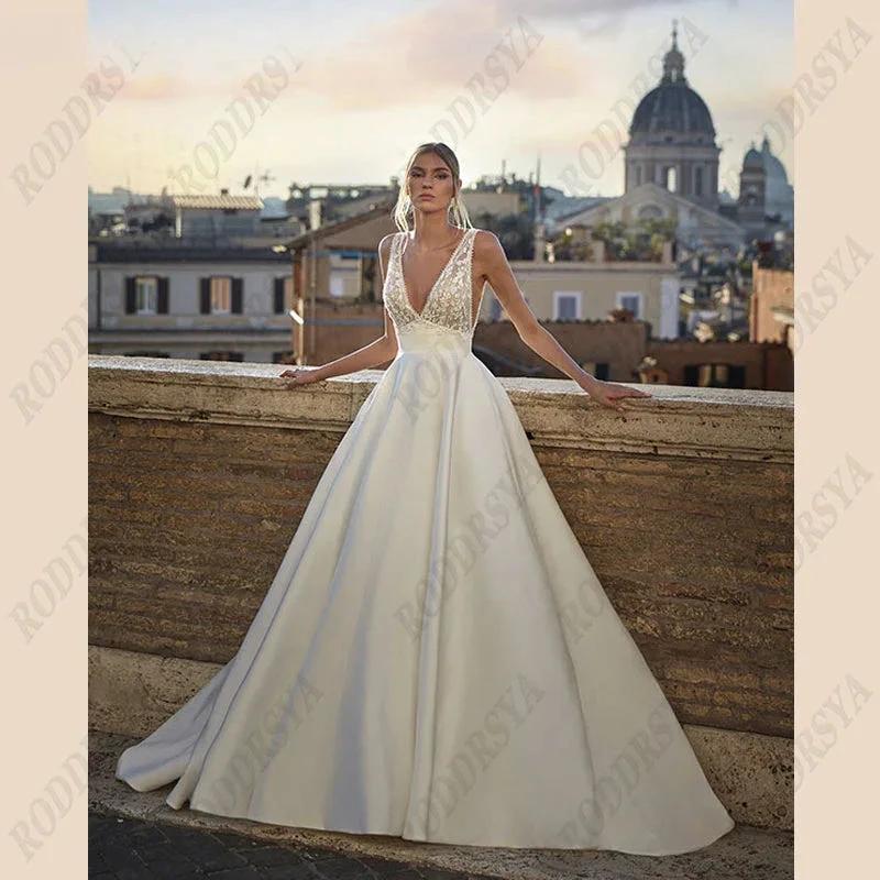 Soft Satin V-Neck Wedding Dresses For Women A-Line Backless Bridal Gowns Sleeveless Insertable Pocket Robe De Mariée by payinti