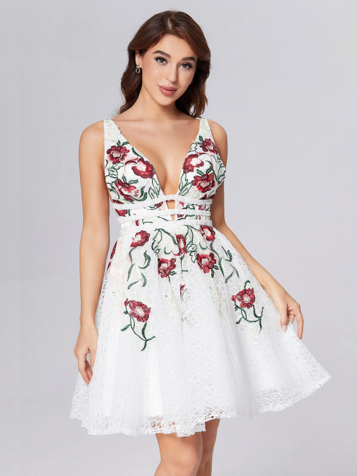 A-Line Deep V-neck Lace Appliques Short Homecoming Dress by Cicinia