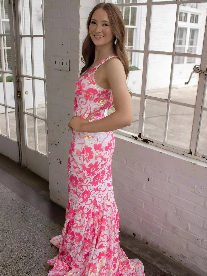 Bailey | Pink V Neck Sequin Lace Mermaid Prom Dress by KissProm