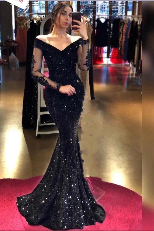 Balck Long Mermaid Off-the-shoulder Sequins Prom Dress with Sleeves by BIZTUNNEL