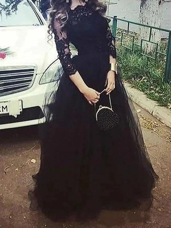 Ball Gown 3/4 Sleeves Bateau Lace Floor-Length Tulle Prom Dresses by misshow.com