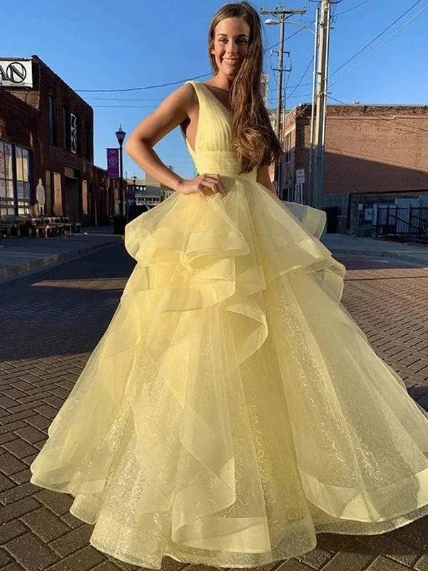 Ball Gown Floor-Length V-neck Ruffles Sleeveless Organza Prom Dresses by misshow.com