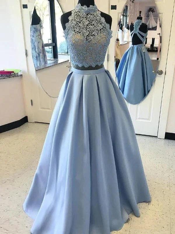 Ball Gown High Neck Sleeveless Floor-Length Applique Satin Two Piece Prom Dresses by misshow.com