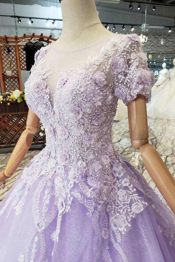 Ball Gown Lilac Short Sleeves Prom Dresses Wedding Dresses with Lace PM244 by pgmdress