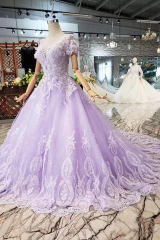 Ball Gown Lilac Short Sleeves Prom Dresses Wedding Dresses with Lace PM244 by pgmdress