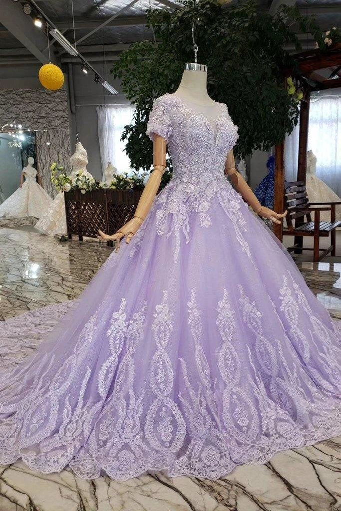 Ball Gown Lilac Short Sleeves Prom Dresses Wedding Dresses with Lace PM244 by pgmdress