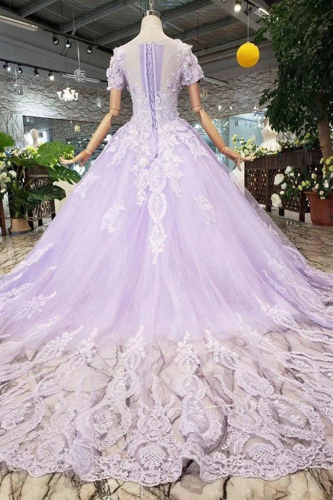 Ball Gown Lilac Short Sleeves Prom Dresses Wedding Dresses with Lace PM244 by pgmdress