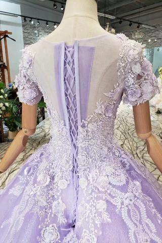 Ball Gown Lilac Short Sleeves Prom Dresses Wedding Dresses with Lace PM244 by pgmdress