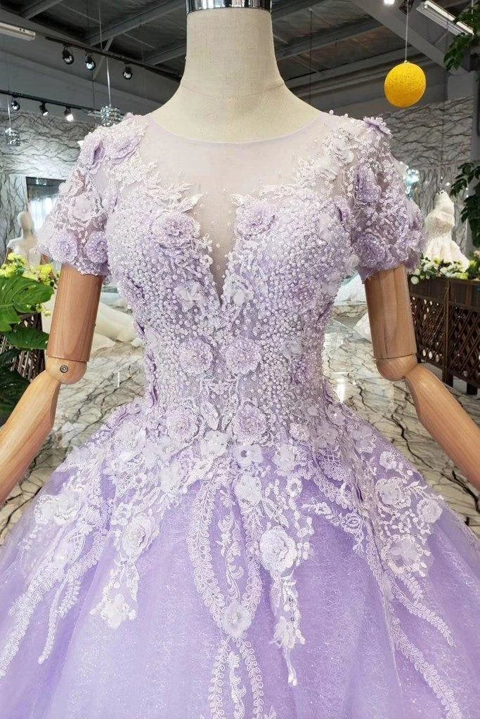 Ball Gown Lilac Short Sleeves Prom Dresses Wedding Dresses with Lace PM244 by pgmdress