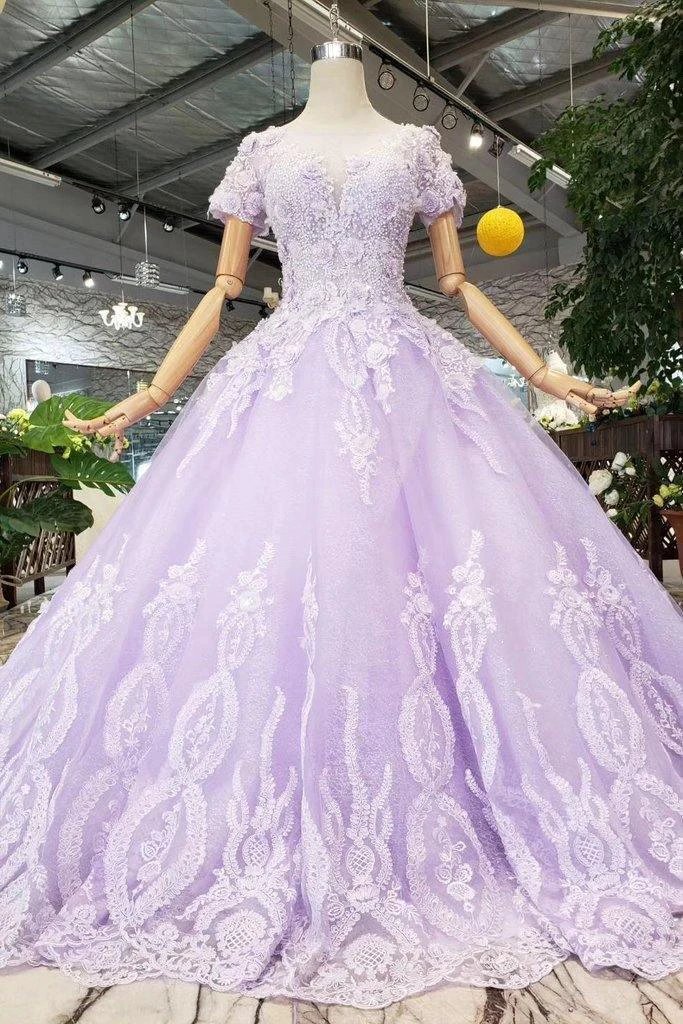 Ball Gown Lilac Short Sleeves Prom Dresses Wedding Dresses with Lace PM244 by pgmdress